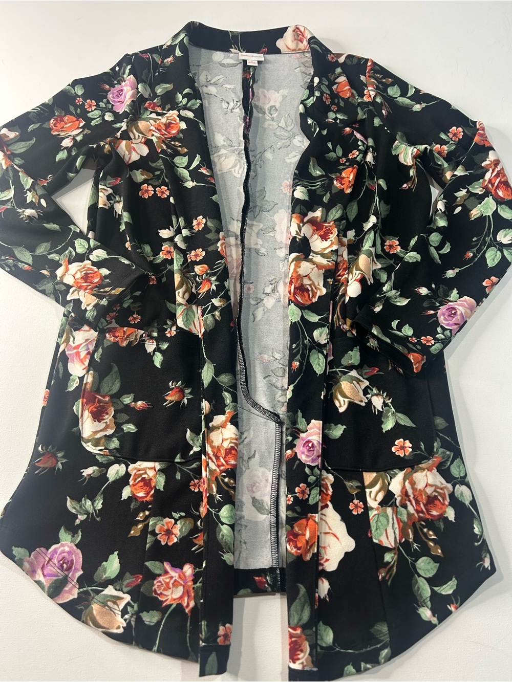 LuLaRoe Black Floral Open-Front Blazer with Rose Print